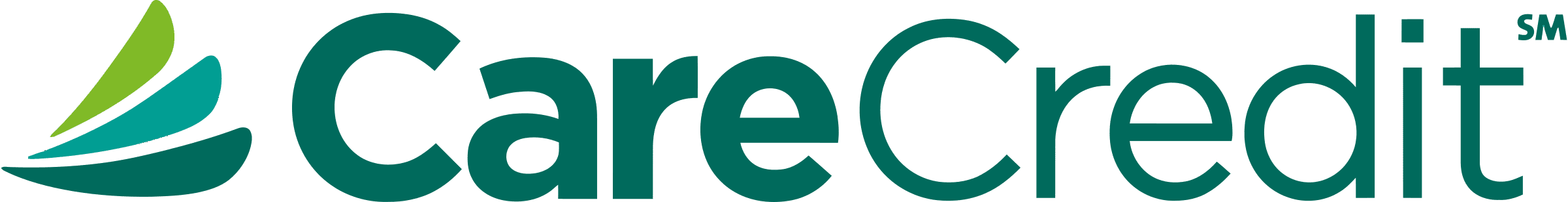 CareCredit logo with teal text and green swoosh design element