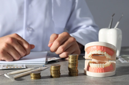 Dentist stacking coins next to dental model, symbolizing dental practice financial growth and investment.