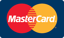 MasterCard logo featuring red and yellow overlapping circles on dark blue background.